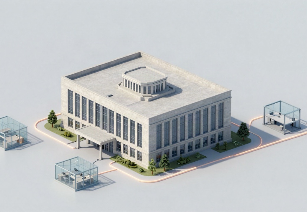 Conceptual illustration of a county office connected to remote agent workspaces.